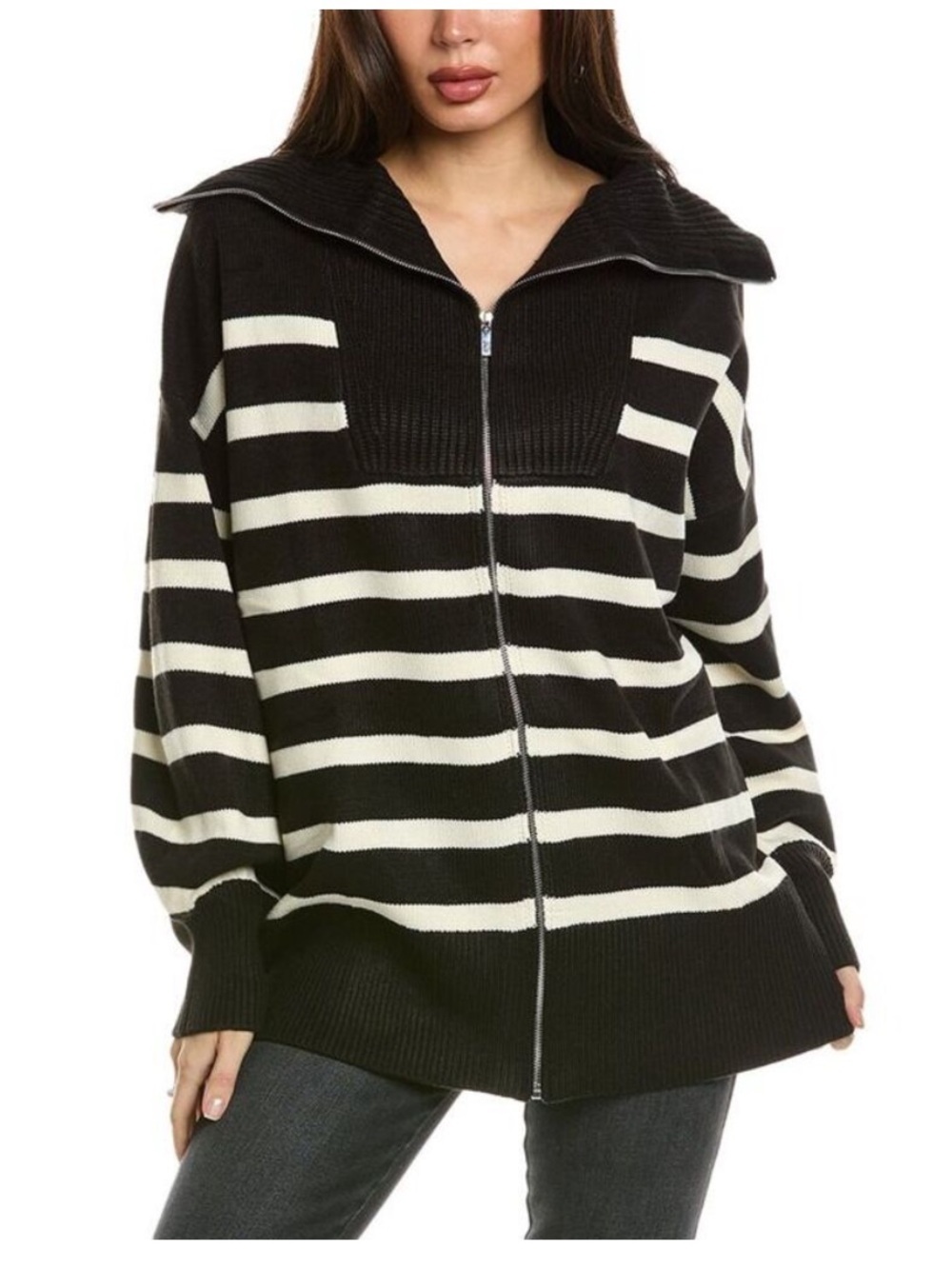 WeWoreWhat Striped Chucky Zip Up Cardigan Sweater Black Cream Size S/M